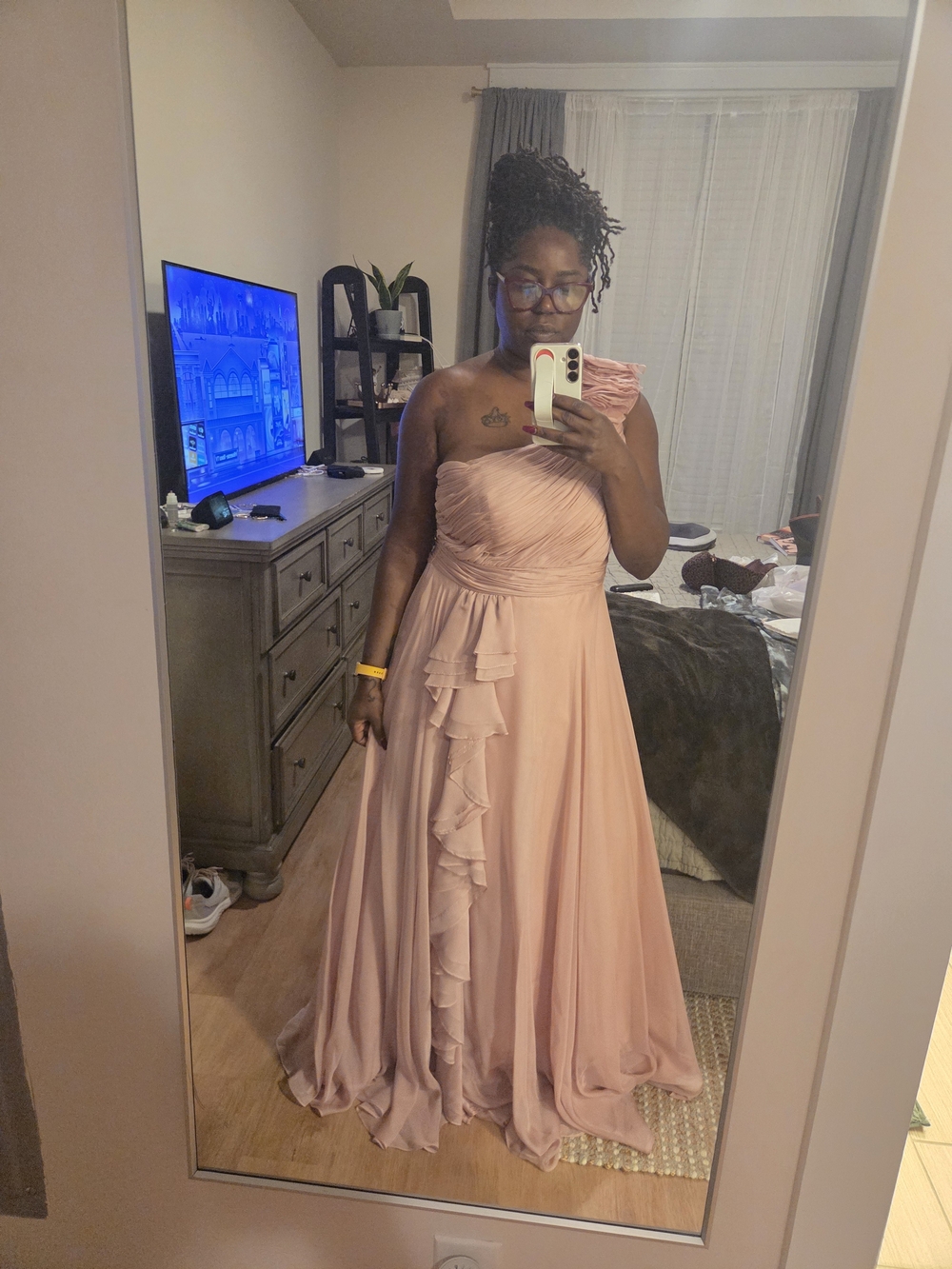 Mac Duggal One-Shoulder Blush Pink Ruffled Chiffon Gown